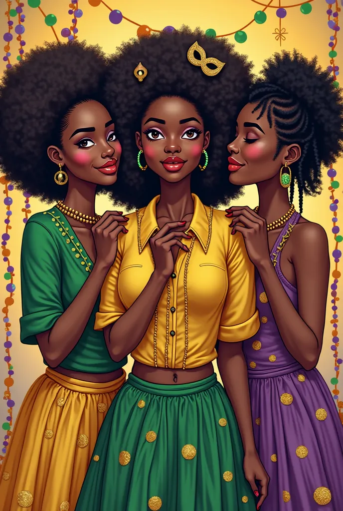 A black African woman with her friends for Mardi Gras creates each woman with a different Offit give one a shirt with Gittler in it make the colors gold and pulper add green and it and create a skirt with Mardi gras theme make the others one Offit for the ...