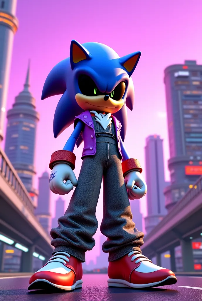 Silver the Hedgehog, Sonic Adventure style, 3D video game art, urban cityscape, purple sky, bold colors, confident character pose, white jordan, grey baggy jean