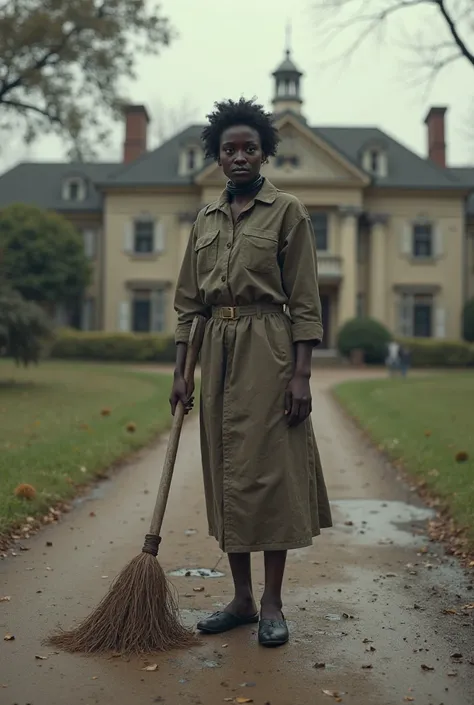 2025  Miserable 18-year-old legal Registered chattel African female house slave.  She wear permanent shockcollar with fridchip.  She wear slave maiduniform.  She is sweeping the driveway 