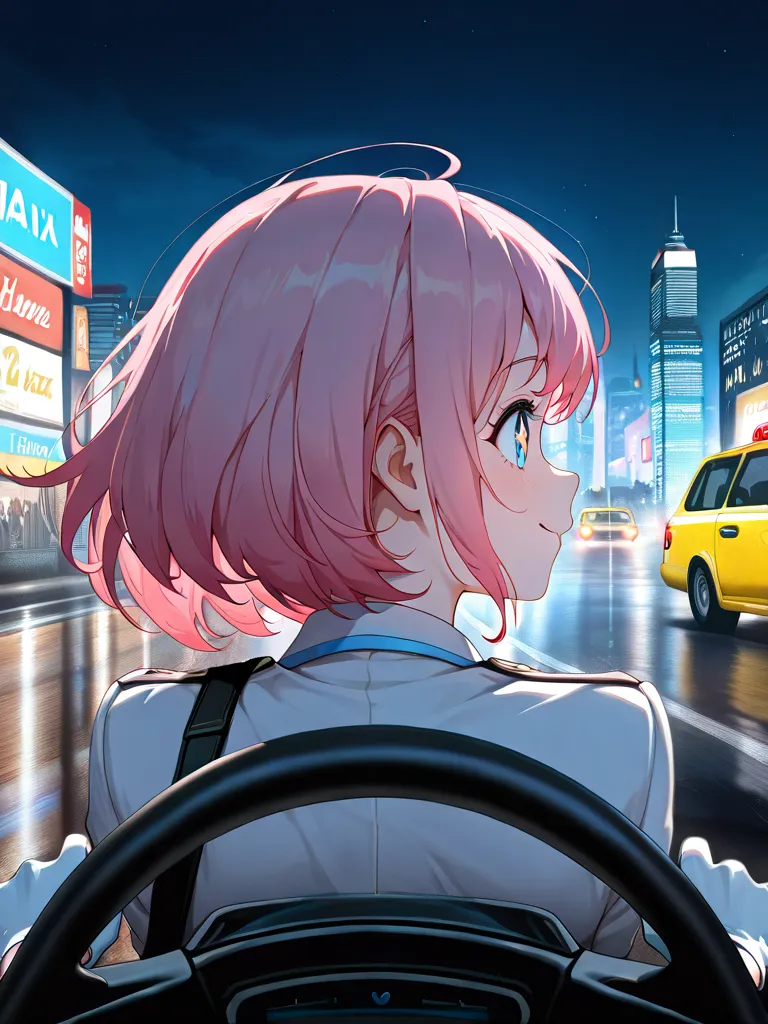 ((((  masterpiece)))), (((( top quality)))),  high resolution,fine grain, detailed faces,1 girl,pink hair,short hair,sling,Star-shaped eyes, sparkling eyes, Looking Ahead,taxi,Driver,Driverの制服,Both hands have handles,smile,white gloves,Focus on driving,vie...