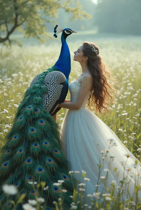 A peacock with a beautiful lady in a field