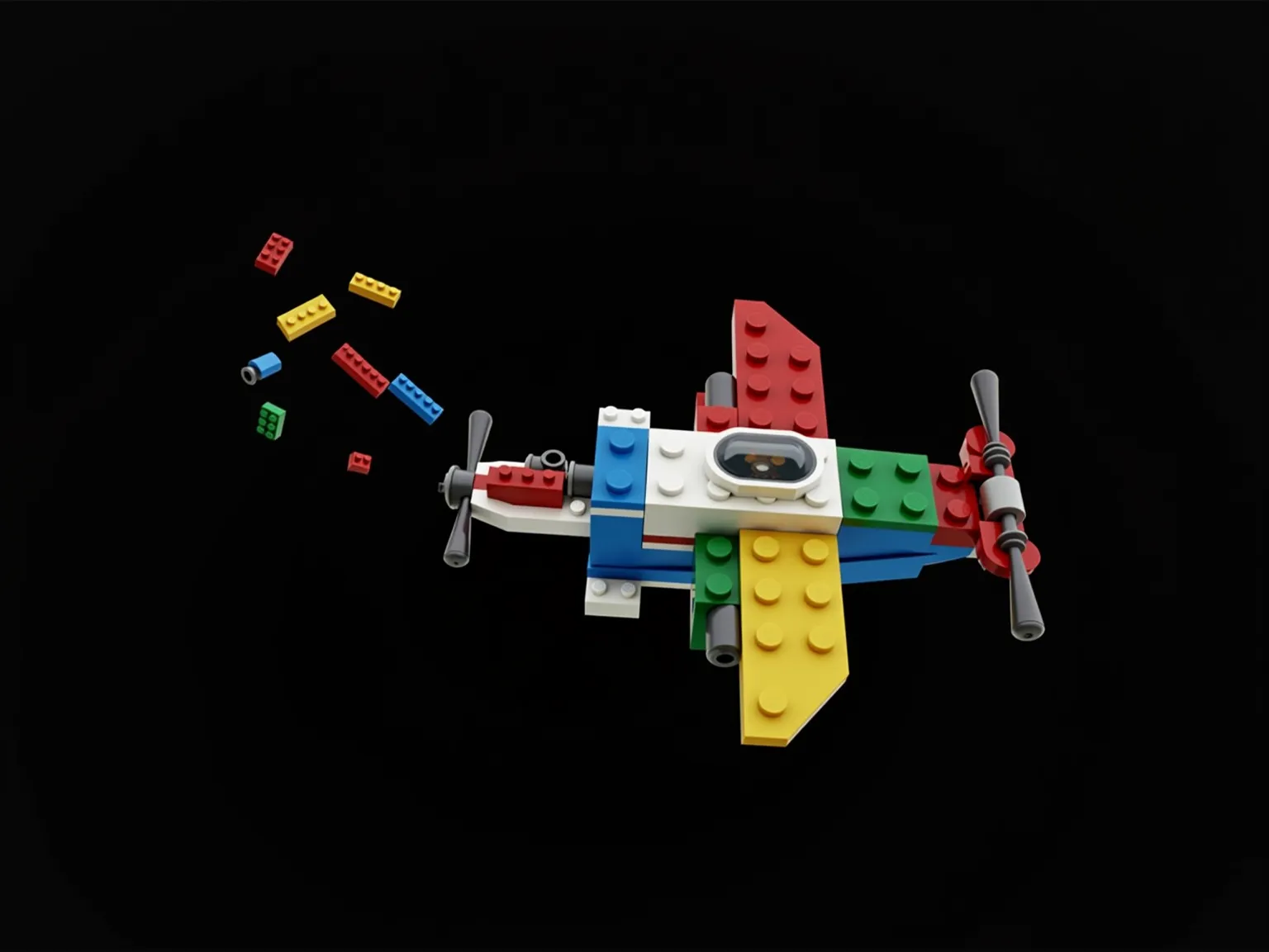 lego airplane with a red and blue propeller and a red and white propeller, lego style, video still, magicavoxel, multiplayer set-piece :9, exploded view!!, promo art, made of lego, bricks flying, bricks flying outwards, voxels, made out of legos, multi - c...