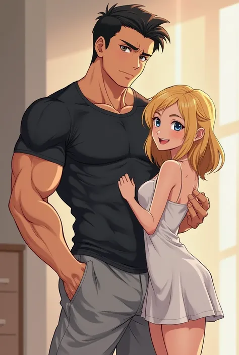 cozy anime style a couple, the man being muscular, tall and white, with brown eyes and black hair wearing a black compression shirt with grey sweatpants, a grumpy expression on his face. the woman being smaller than him, skinny and white, with medium lengt...