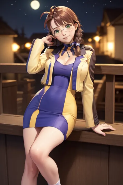    masterpiece,     the best quality ,  XS1shion      , glasses,       braid,       yellow jacket,  neckline , purple and yellow dress, socks,     big breasts,      looking at the spectator   ,       smile,       of foot,    cowboy shot ,    mouth shut,   ...