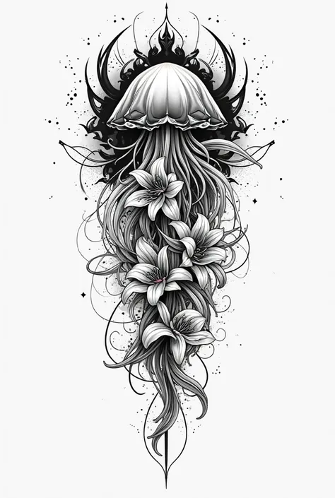 Tattoo design on lilies, sea jellyfish with neo trivial style 