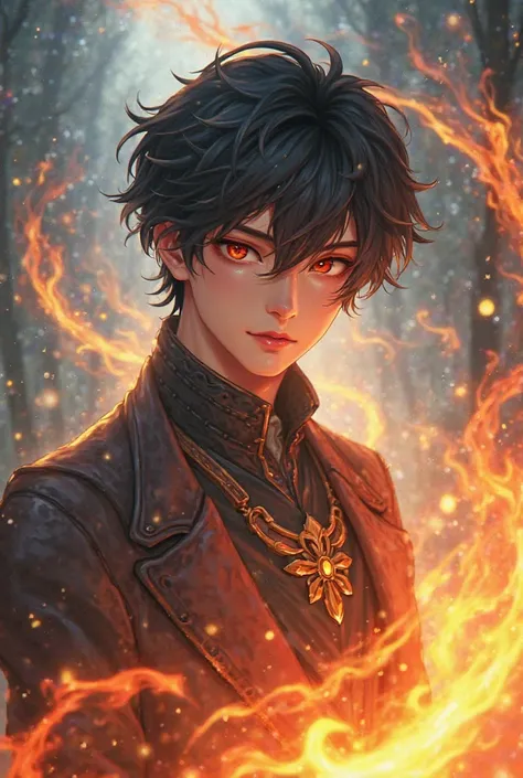 Cute brunette black-haired male anime character for fantasy story/Fairy Fire Element 