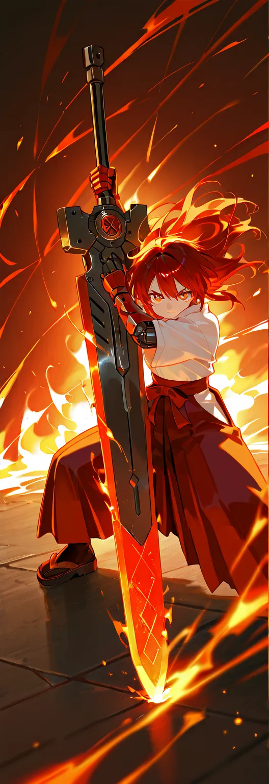 (best quality), high detailed, (big weapon:1.1), attack stance, (oversized iron sword), Girl, mechanical arm, burning arm, emit red aura, Ruby blade, Slash effect, serious, hakama, beautiful eyes, super fine eyes