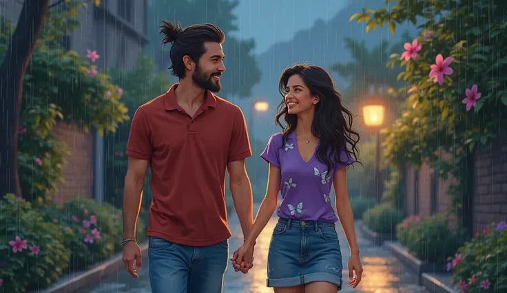 Couple, young adults, man with beard and goatee mustache, long hair combed to one side, woman, loose hair, dark brown, wide smile, casual attire (he wears a red polo and blue jeans, short tennis shoes, she wears a purple blouse with white butterflies and a...