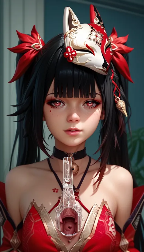 ((vaginalspeculum
cervix
.)) black hair,Birthing Chair,sparkle, long hair, bangs, black hair, hair ornament, twintails, red eyes, bell, mask, mask on head, fox mask,


