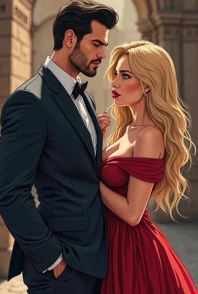  Create a beautiful romance book cover , High quality lines,  cartoon.  A handsome man , Tall and strong,  wearing a dark suit , short black hair, short beard, olhos blues, blues, Henry Cavill,  is ahead , Lens In the foreground, looking forward. right beh...