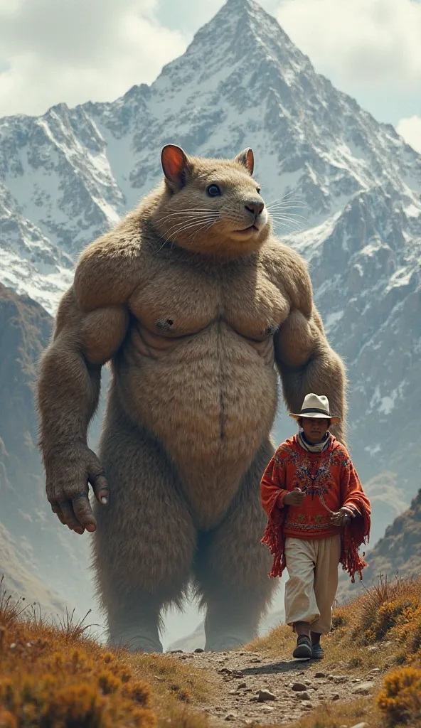 A humanoid giant muscle guinea pig walks with an indigenous man from the Ecuadorian highlands wearing a red alpaca wool poncho,  white hat, white pants , fondo montaña de la sierra del Ecuador 