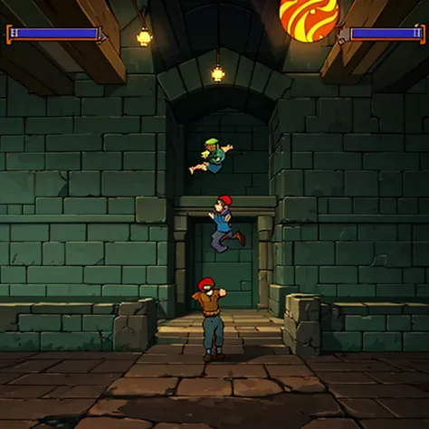 A retro 2D side-scrolling platformer scene with pixel-art graphics, reminiscent of classic MS-DOS games from the early 1990s. The environment is set in a dark, medieval-inspired fortress with a textured gray brick wall forming the backdrop. A large arched ...