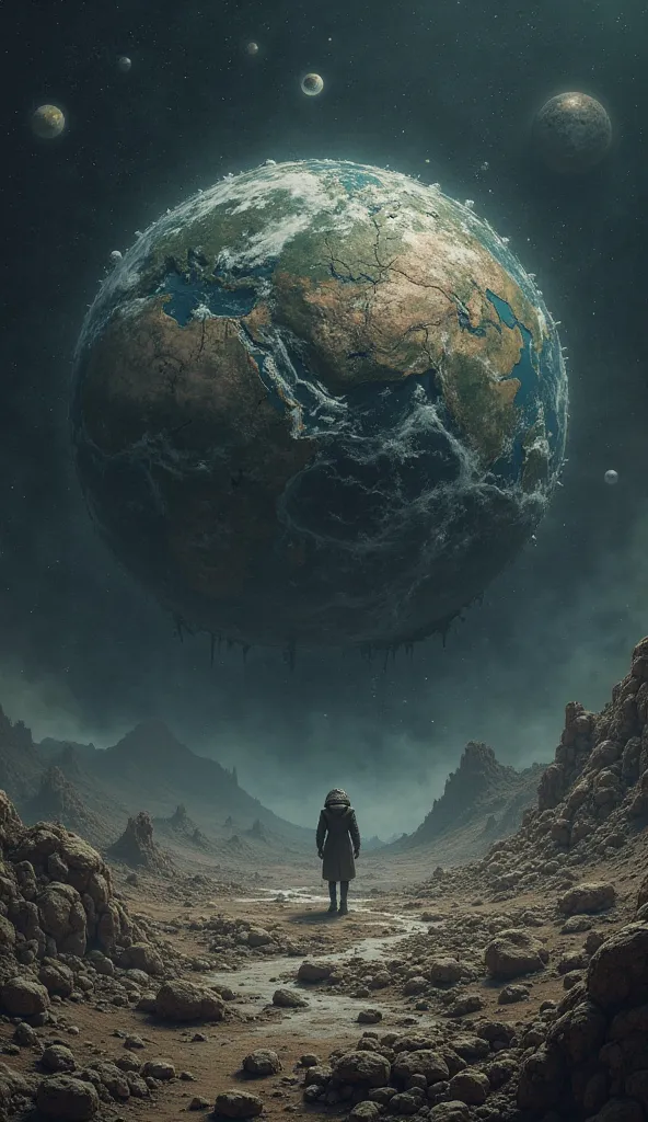 Make planet earth in the solar system with half of the planet destroyed apocalypse style while there is a black eye watching , This is full of dark darkness 