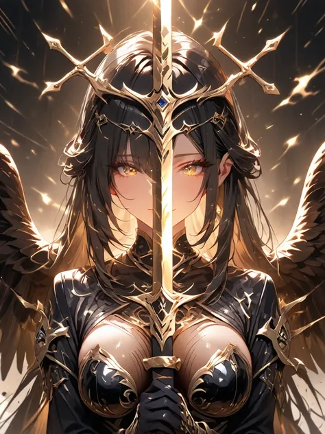 Girl with breasts/Exposed boobs Golden sword in the middle .. parallel to the middle of the face/Nose that goes up to the middle of the breasts , female, Golden eagle-shaped sword sheath with open wings, masterpiece, black hair and spiked .. similar to the...