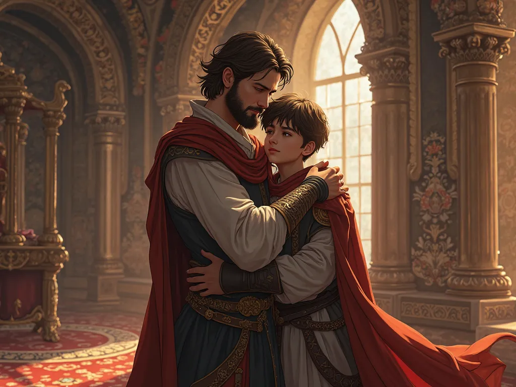 King medium brown hair and beard, hugging brother man short brown hair and short beard in the kingdom hall realistic medieval anime style 