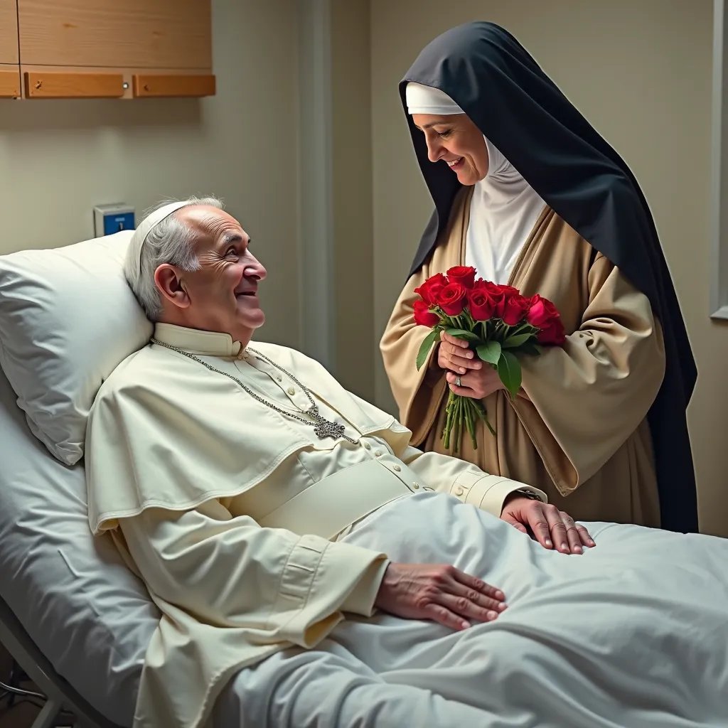 Create an image of the Pope, an elderly man,  White , wearing an all-white gown, Don't wear a beard, lying on a hospital bed inside a hospital. Next to her is standing, Saint Therese, adult, wearing a black veil and a beige robe over a brown tunic. She hol...