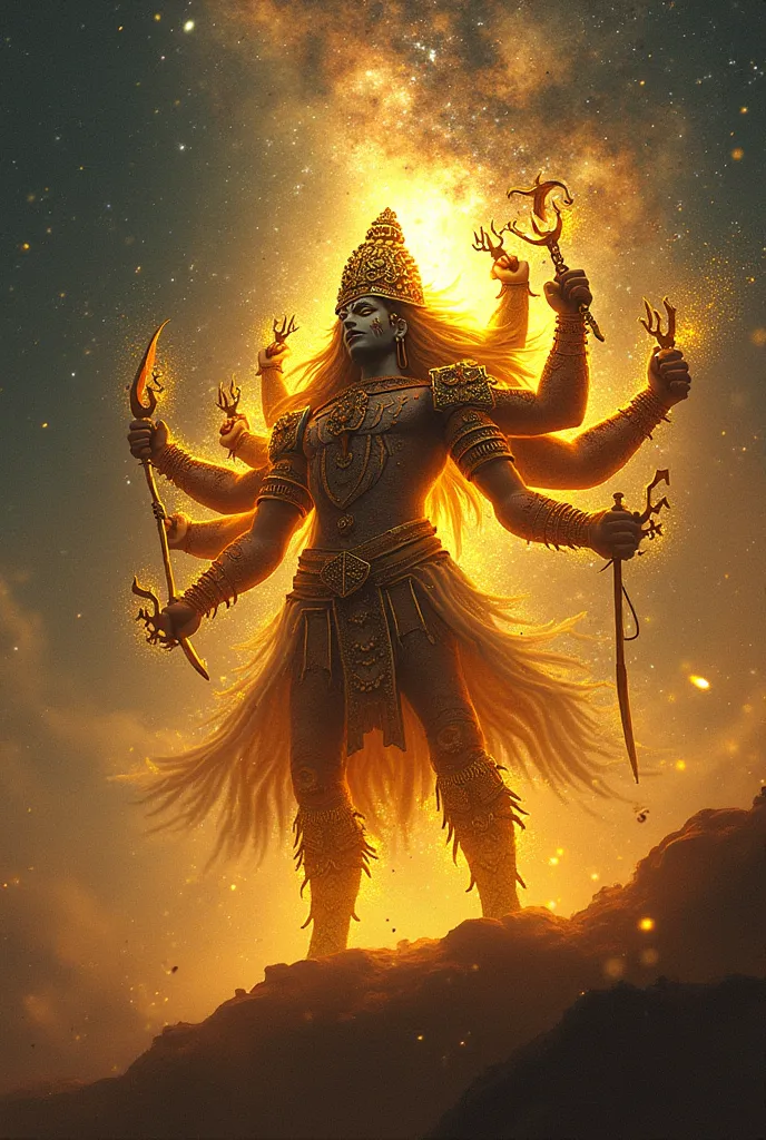 oriental GOD kalabhairava in wearing ancient Indian Armor and ancient armor are glowing with golden neon light sparking glittering GOD kalabhairava having a ancient indian weaposn in hand full body pose, galaxy milky way starts planests background glitt
