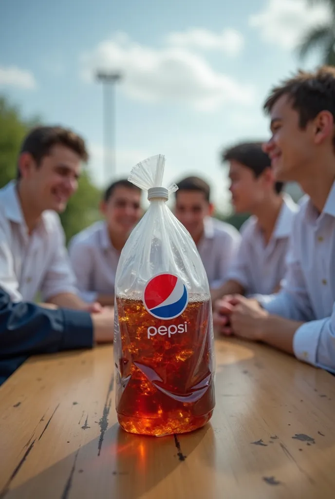 A plastic bag containing Pepsi soda inside,that has a meaning of happiness,and in the background you can see a school and 4 young teenagers(Two chubby and two skinny)men having fun, Let it be seen that they are in a school, That they have a white uniform,