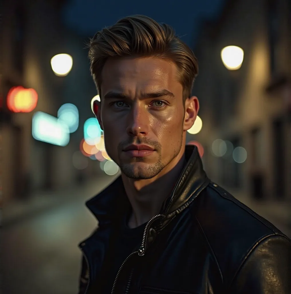 ultra realistic photo of a 30 year old man, light brunette, black eyes, well cut light brown hair, wearing a black leather jacket standing on the street at night