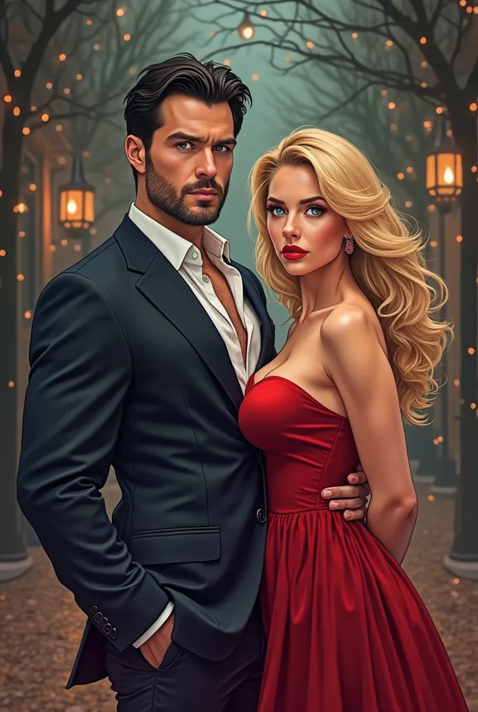  Create a beautiful romance book cover , High quality lines,  cartoon.  A handsome man , Tall and strong,  wearing a dark suit , short black hair, short beard, olhos blues, blues, Henry Cavill,  is ahead , Lens In the foreground, looking forward. right beh...