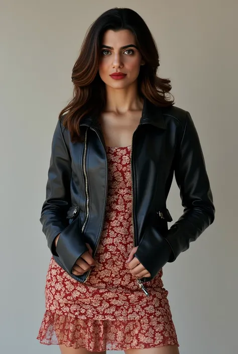 Claudia Doumit in a black leather bomber jacket, short flowery dress, black chelsea boots, brown hair, red matte lipstick