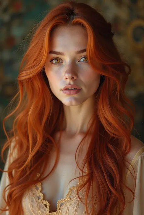 Create a stunning 23-year-old female model named Na Aichha with unique and mesmerizing features. She has long, flowing, fiery red hair that cascades elegantly over her shoulders, glowing with natural highlights. Her eyes are a captivating honey-golden colo...