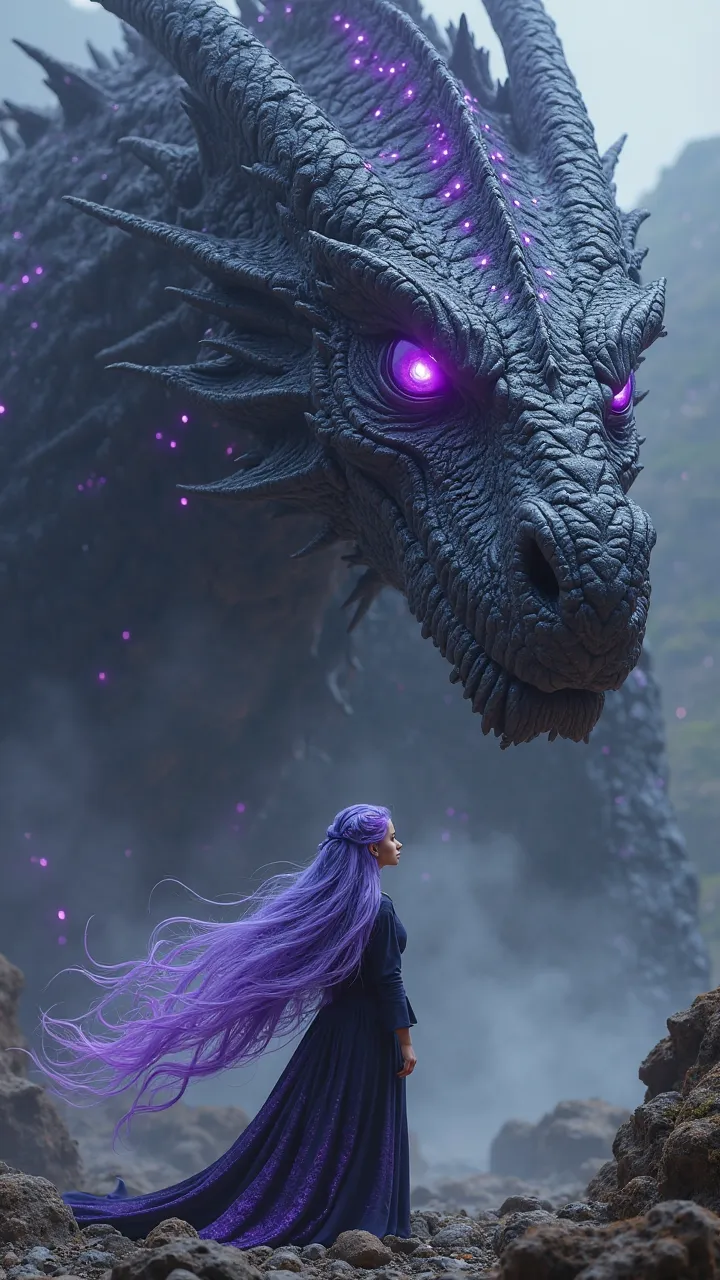 A huge dragon with a fearsome and authoritarian appearance , Unspeakably gigantic, it was covered with shiny black scales with purple sparkles, as if made of glass, its eyes glowing purple with blue features as deep as the ocean., Woman below him with purp...