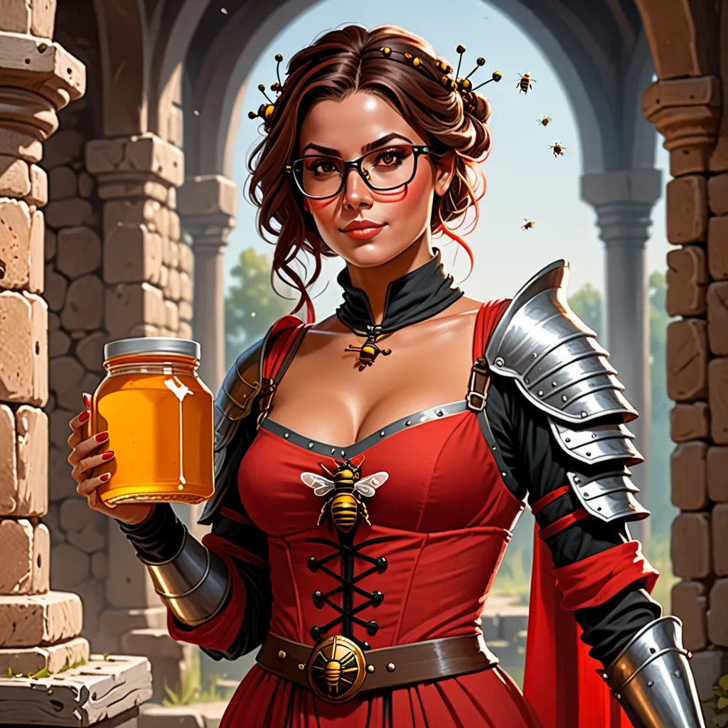 Medieval warrior brunette with red highlights in her hair, With black eyeglasses . Integrate small bees that fly around her as well as a jar of honey In her hands. And an inconspicuous chest and a red evening dress