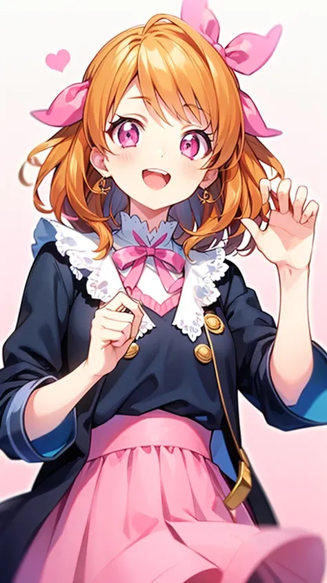 orange hair,pink eye， pink ribbon，Light　Oozora　，white background,Claw Pose,cute,Open your mouth slightly, double teeth,