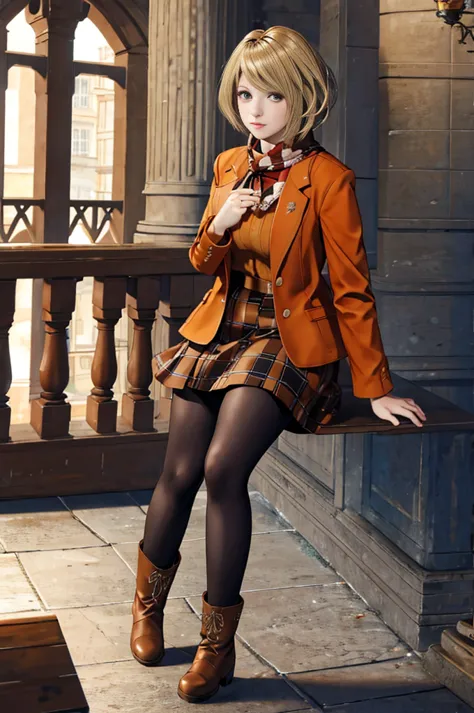   beautiful, masterpiece, best quality, face blanket, perfect lighting, 1 , blonde, re4ashley, orange jacket, echarpe, Black checkered skirt,  pantyhose , boots,  portrait, Alone, standing, looking at the viewer