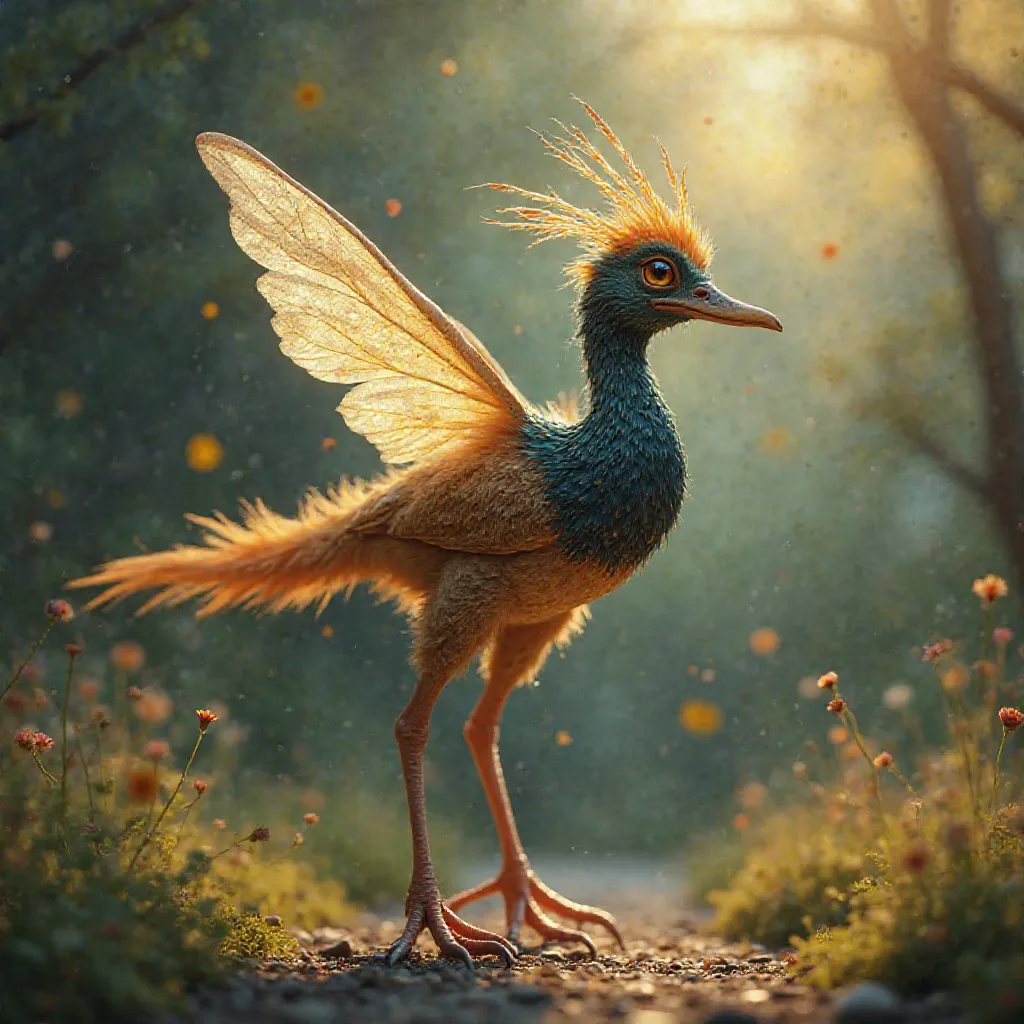 A two-legged animal, the body of a bird, with a tail like a pheasant, a head like a duck, and wings like a bee.