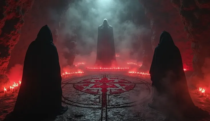 A macabre ritual scene, with an inverted cross engraved on the stone floor, surrounded by black clouds Flames flicker in a sinister red light. The atmosphere is charged with a dense fog that envelops the participants, its hooded figures and in dark costume...