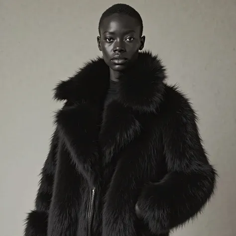 A black model poses for a fictional brand campaign, holding a faux fur coat. The design is impeccable. But those who look at the image for a long time feel that the jacket is... anxious to be dressed. As if you were waiting. As if you were aware.