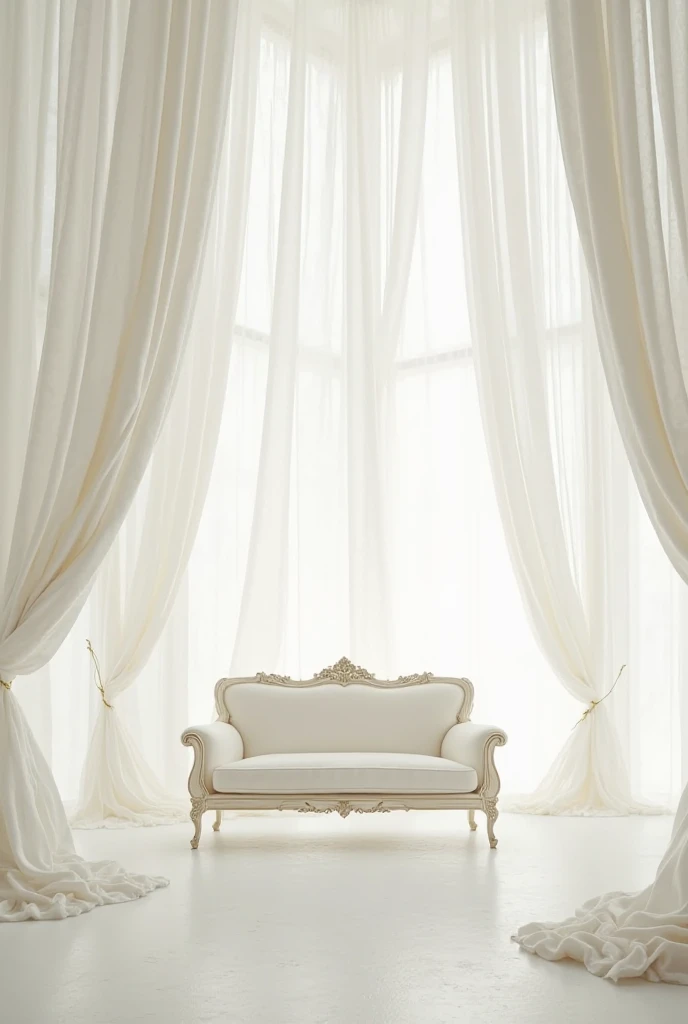 A room with fabrics hanging from the ceiling, all white and with a white sofa from the Victorian era