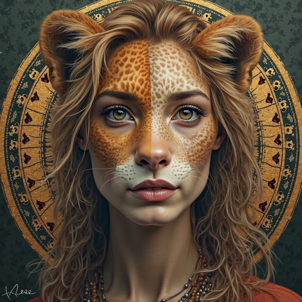 A realistic portrait that blends a human face with an animal, like a lion, symbolizing traits like strength, courage, or wisdom. The animal’s features could subtly merge with the person’s, such as fur blending into hair or animal eyes replacing human ones....