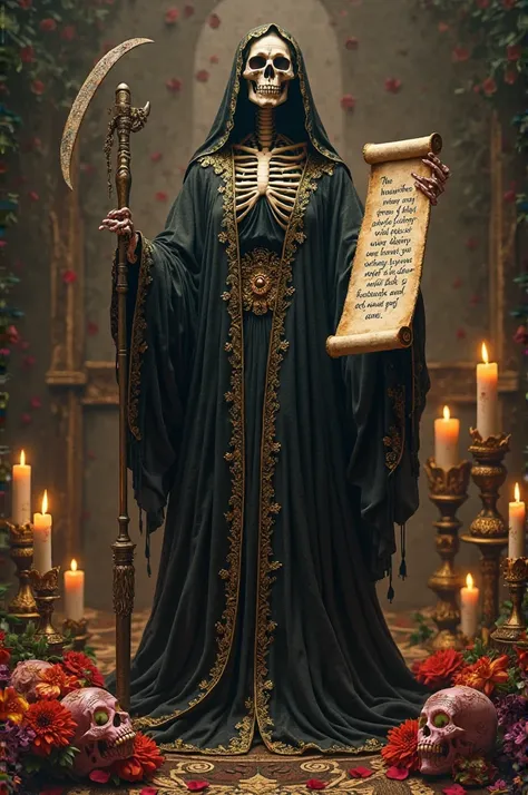 I understand that you want an image of Santa Muerte holding a paper with the phrase: “No matter how many favors you do, people will always criticize you; That's why I took them away from your life.” Although I can't directly generate images, I can suggest ...