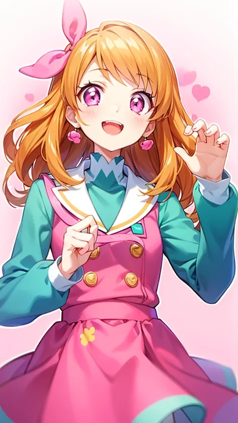 orange hair,pink eye， pink ribbon，Light　Oozora　，white background,Claw Pose,cute,Open your mouth slightly, double teeth,