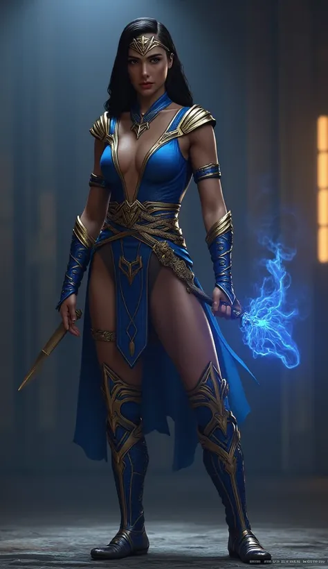 (((Kitana from Mortal Kombat,  ultra realistic))), (((full body))), (((perfect hands))), old background, (((Perfect Weapons))),  She must be dressed in a tight blue bodysuit ,  adorned with gold details that refer to her real origin. Complete o visual com ...