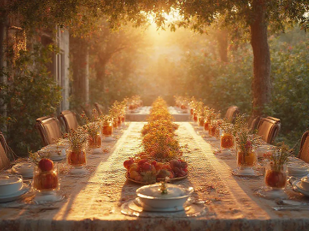 Outdoor long tables decorated with fresh flowers and delicious fruits. The walls are adorned with beautiful tapestries that tell stories of faith. The warm and inviting light fills the space, and the laughter and friendly conversations resonate in the envi...