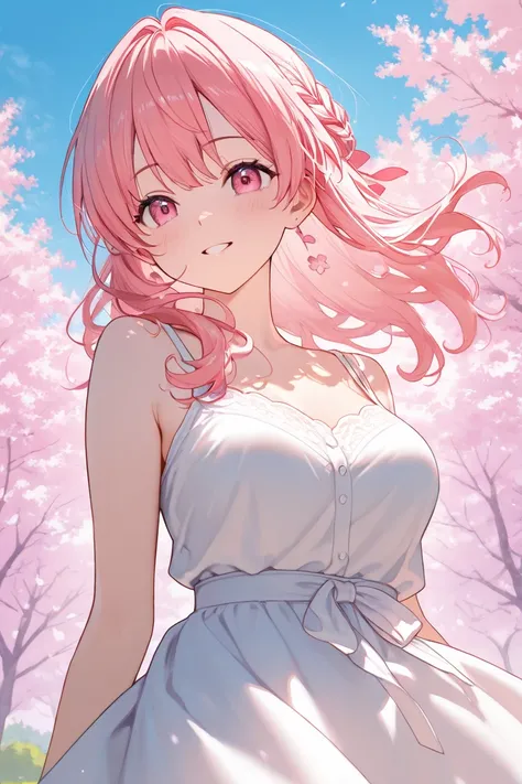  anime, delicate writing,High quality texture, solo,one girl,cute,big enough chest,random hairstyles,Calm hair color,Cherry Blossom Viewing,spring,random fun-looking big poses,(( random angles))