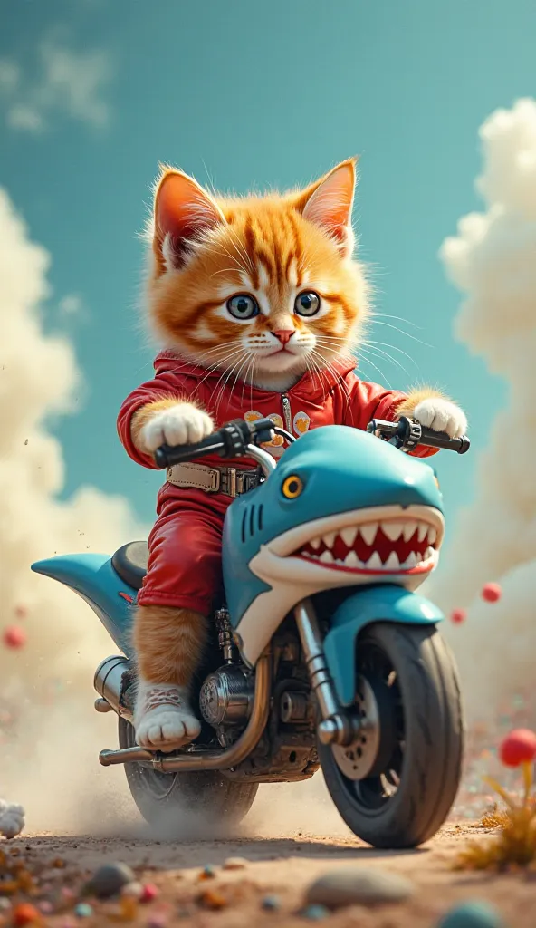 kitten (kitten cat orange, cute, dressed power ranger) riding a shark-shaped motorcycle 