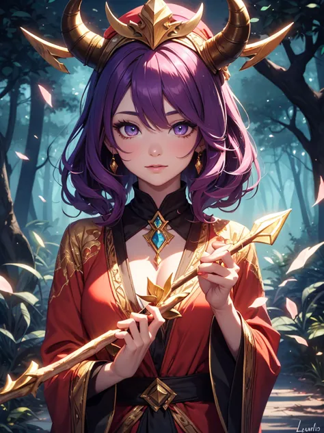 A vibrant fantasy portrait of Lulu, the Yordle sorceress from League of Legends, shown from the waist up. She has large, expressive purple eyes and short, fluffy purple hair with a playful, mischievous expression. She wears her signature oversized crimson ...