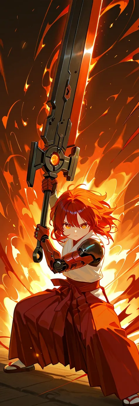 (best quality), high detailed, (big weapon:1.2), (attack stance), action, (oversized iron sword), Girl, mechanical arm, burning arm, emit red aura, Ruby blade, Slash effect, serious, hakama, beautiful eyes, super fine eyes