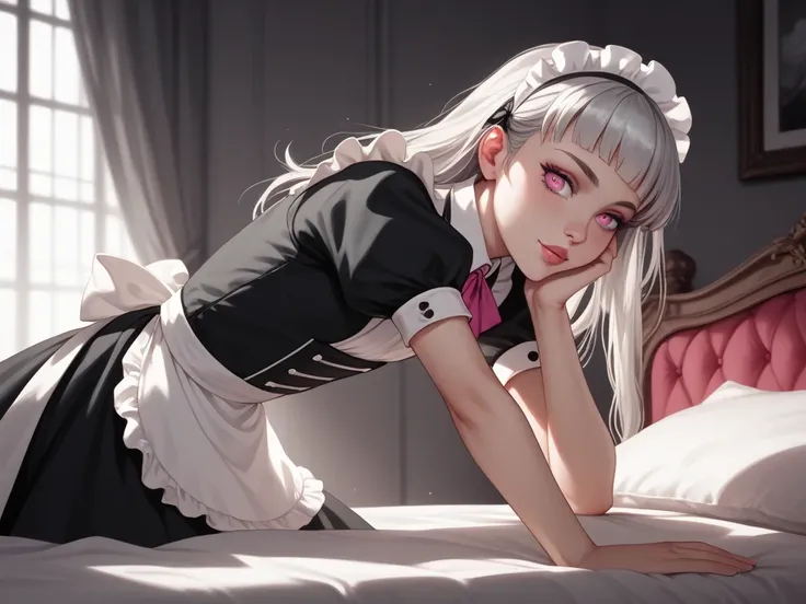 hard sex、Small breasts、pink eyes、Silver Hair、baby Shota、garter stockings、Maid Fashion、Wet