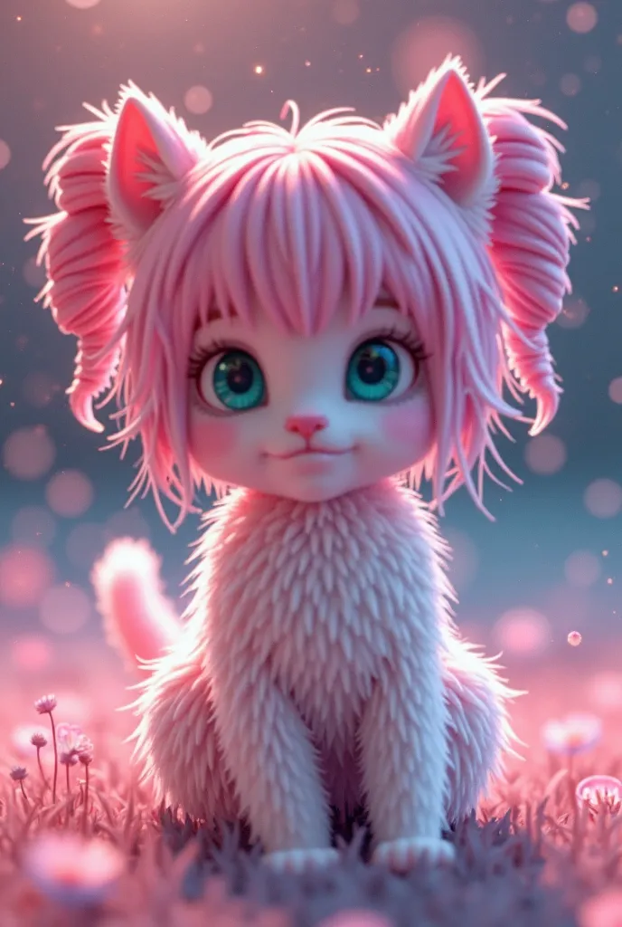 (kitten),3d, a ray tracing image inspired by Yuki Ogura, Tumbler,   Magical Reality  , vrchat, Roblox screenshot, Roblox Avatar  , サイバネティックな猫の耳をした女の子の3d画像があります,  In the Candy Forest ! At night, with cat ears  ,   chibi,  there is a 3D image of a girl with ...