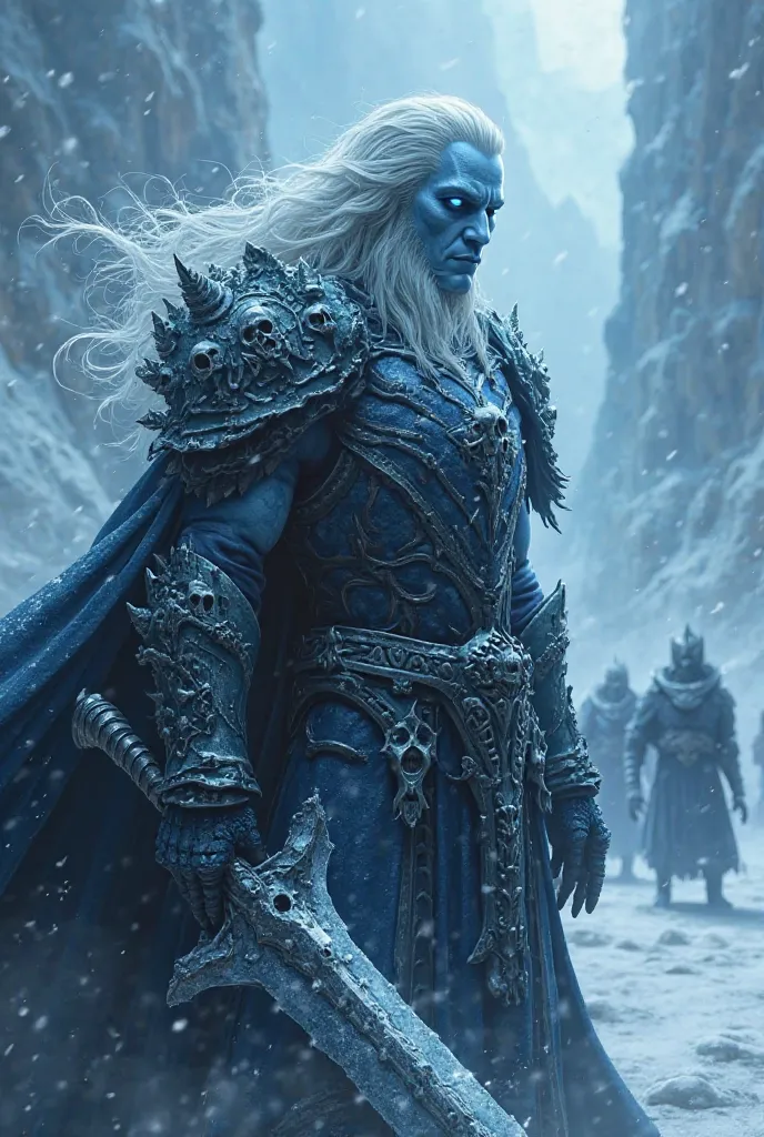 A highly detailed and cinematic portrait of Arthas Menethil from World of Warcraft, showcasing his transformation into the Lich Monkey. He has pale, icy skin, glowing blue eyes filled with sorrow and malice, and long white hair flowing in the wind. He is w...