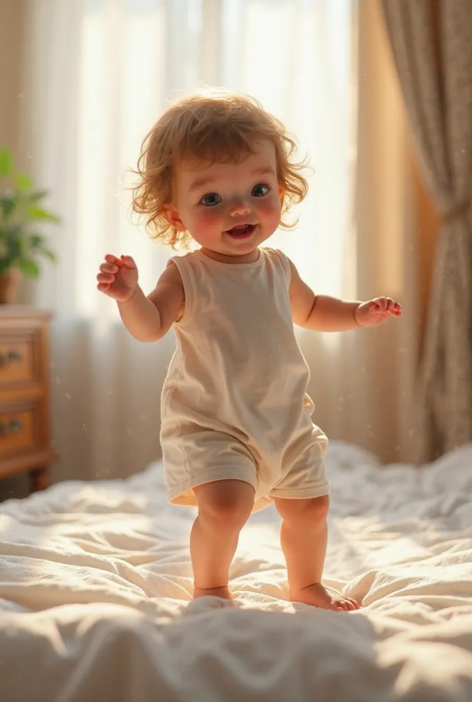 A babise stand on bed and dance baby age 2