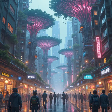 the capital of a country where technomagic takes over the streets, with walkways of energy trees, bright and flashy storefronts, mixed with steampunk with gears 