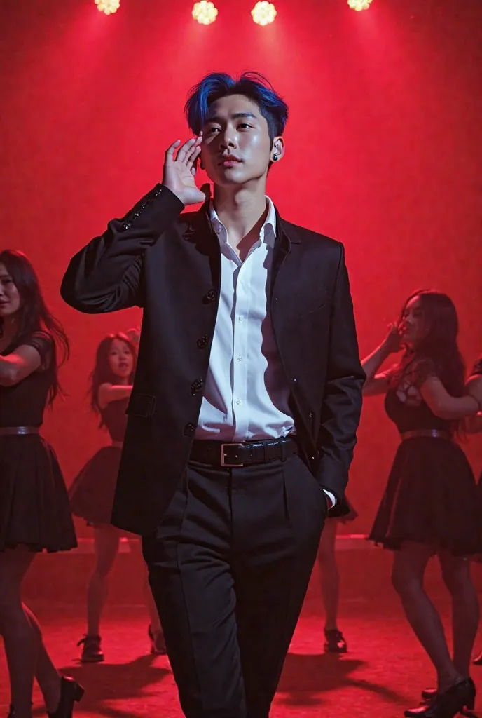 A super handsome k-pop idol, blue side part hair, black eyes, wear white shirt, black jacket, Hold the mic, in ear, dancing on the red stage, Many female dancers wear black dresses., black hair, surrounded