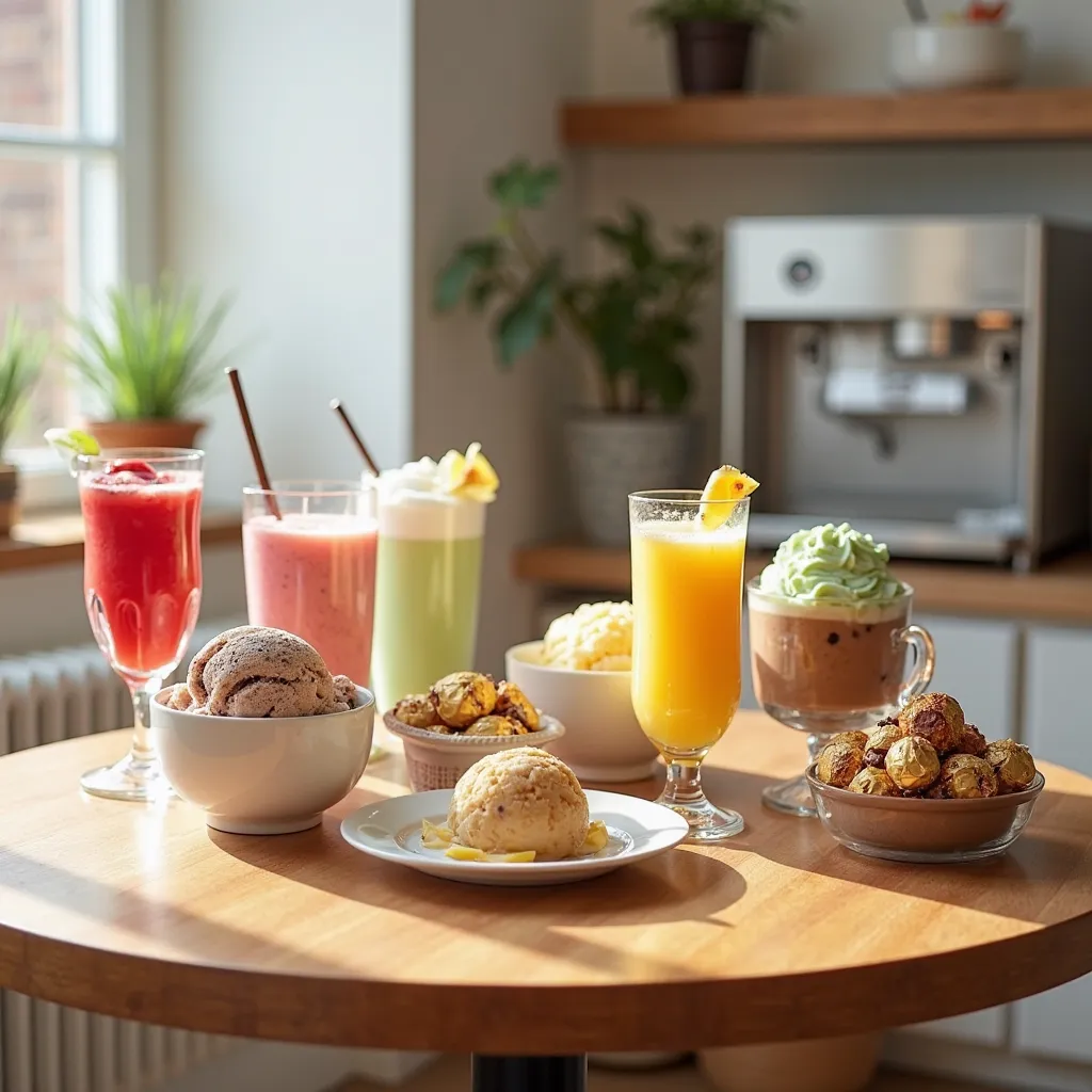 The smooth round wooden table is evenly placed with a variety of ice cream and ice cream cold drinks in glass bowls and glasses, including: strawberry milkshake, rose cocktail sorbet, mango sorbet, lemon sorbet, vanilla ice cream, mint chocolate sorbet, ch...